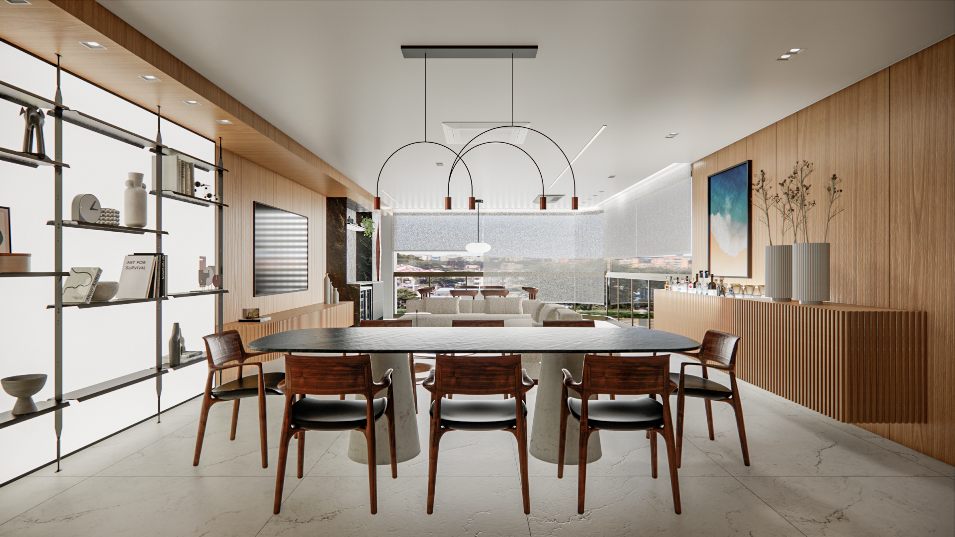 Ambiente moderno com mesa de jantar, cadeiras de madeira e estante iluminada, refletindo estilos arquitetônicos contemporâneos.