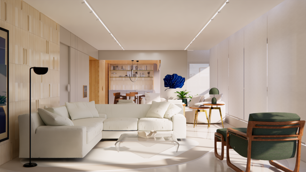 Sala moderna iluminada com decoração minimalista e detalhes que refletem diferentes estilos arquitetônicos.