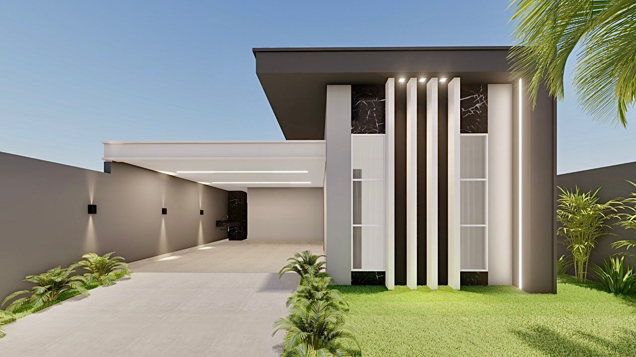 Fachada de casa em condomínio com design moderno, detalhes em mármore e iluminação elegante.